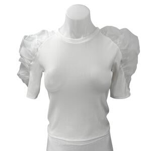 Zara Women's White Puff Sleeve Mesh Ruched Ribbed Knit Pullover Blouse Top Sz S